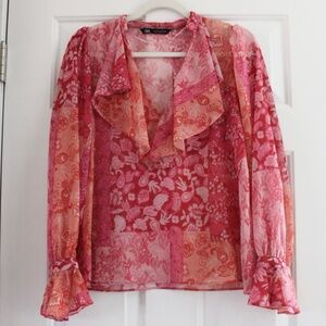 ZARA Pink Floral Paisley Patchwork Sheer Ruffle Long sleeve Blouse Size S